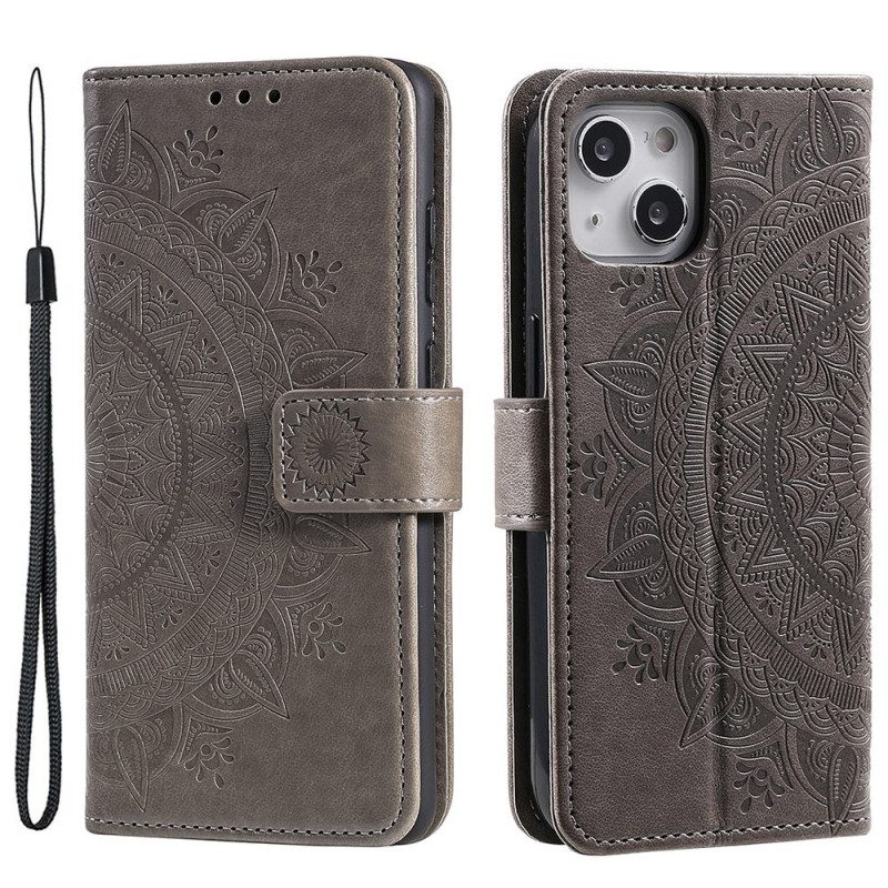 Custodia in pelle iPhone 15 Plus Mandala Del Sole Con Cordino