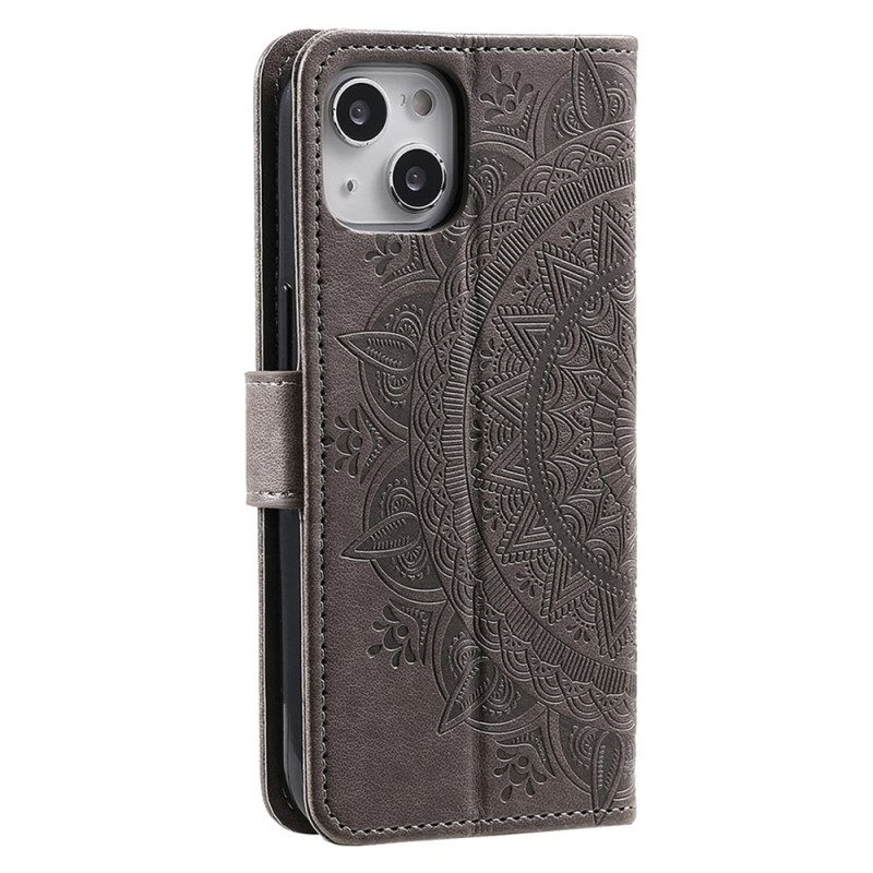 Custodia in pelle iPhone 15 Plus Mandala Del Sole Con Cordino