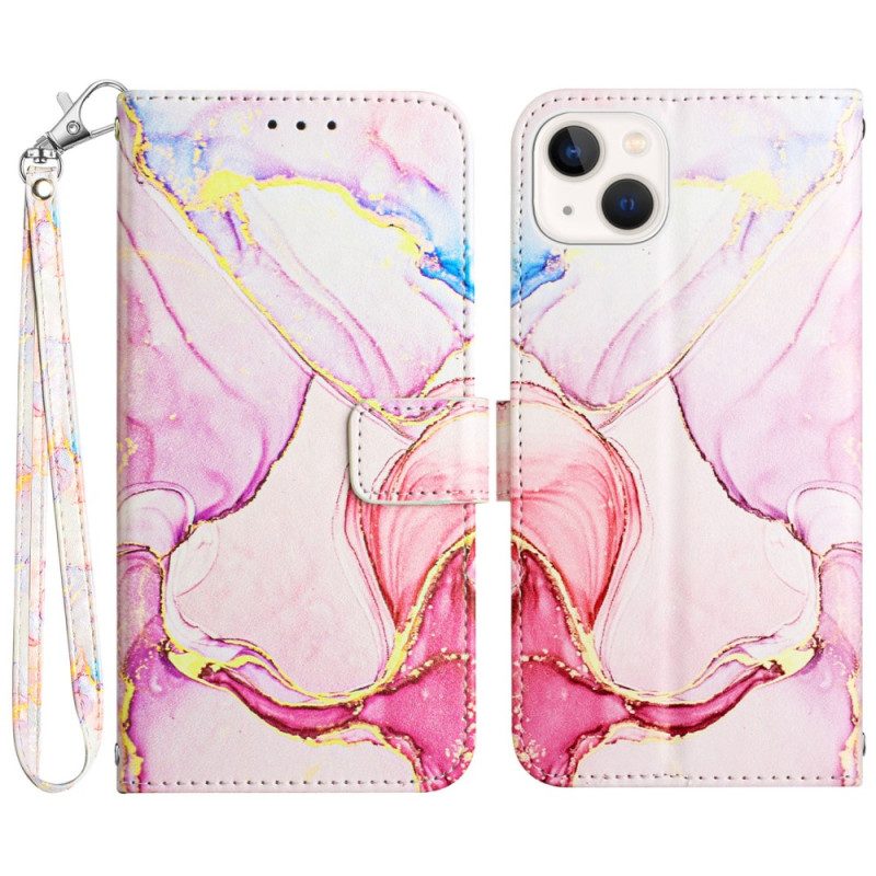 Custodia in pelle iPhone 15 Plus Marmo Con Cordino