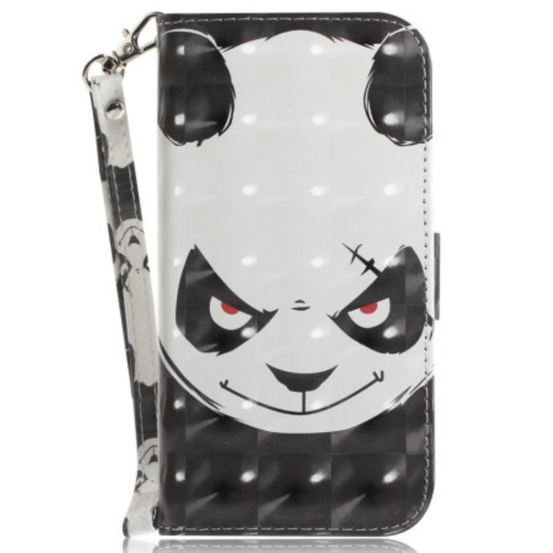 Custodia in pelle iPhone 15 Plus Panda Arrabbiato Con Cinturino