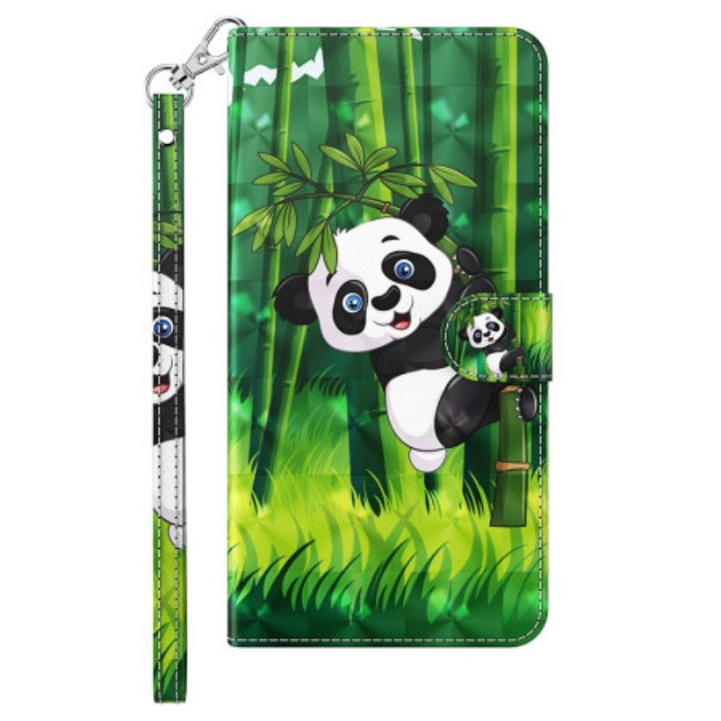 Custodia in pelle iPhone 15 Plus Panda In Bambù 3d Con Cinturino