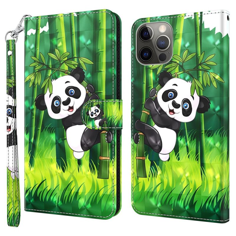 Custodia in pelle iPhone 15 Plus Panda In Bambù 3d Con Cinturino