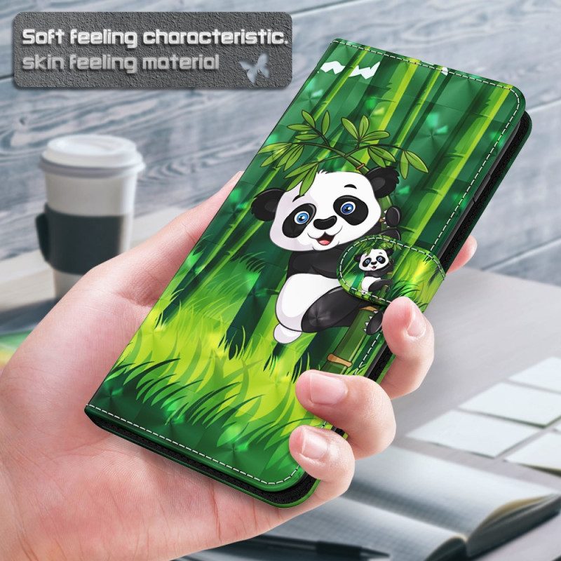 Custodia in pelle iPhone 15 Plus Panda In Bambù 3d Con Cinturino