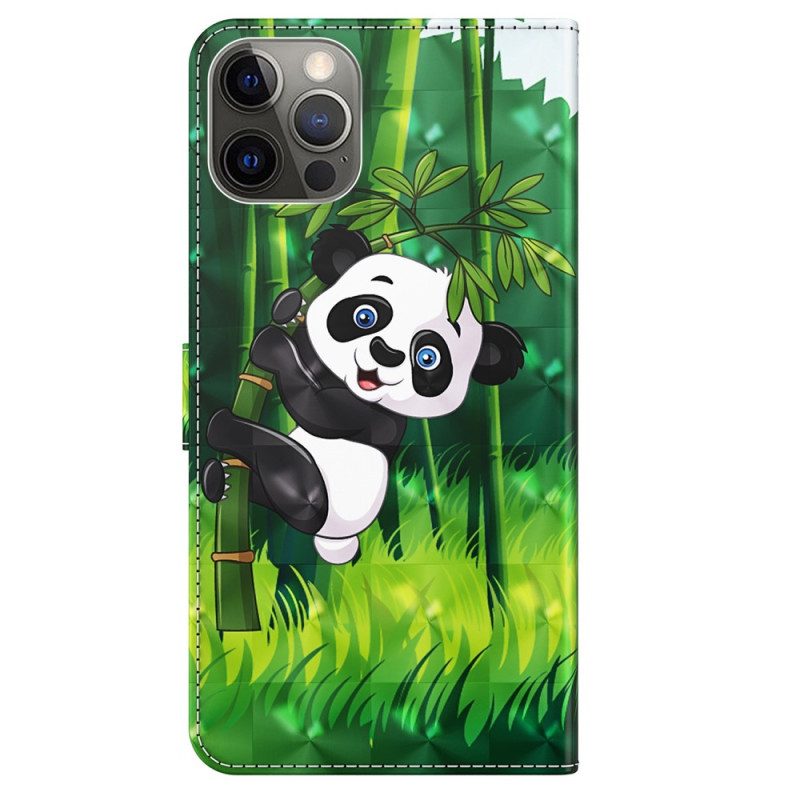 Custodia in pelle iPhone 15 Plus Panda In Bambù 3d Con Cinturino