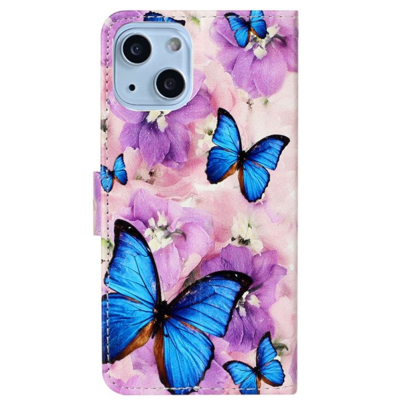 Custodia in pelle iPhone 15 Plus Piccole Farfalle Blu Con Cinturino