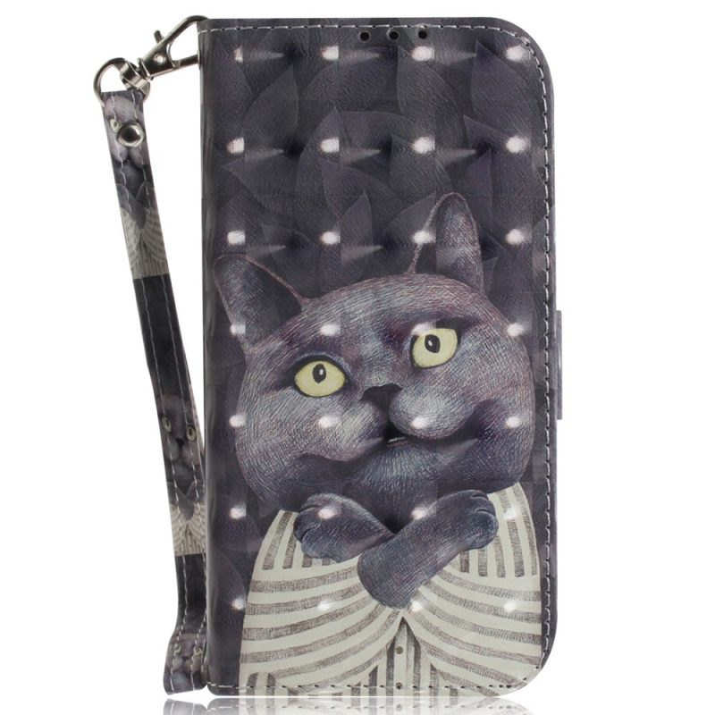 Folio Cover iPhone 15 Plus Gatto Grafico Con Cordino