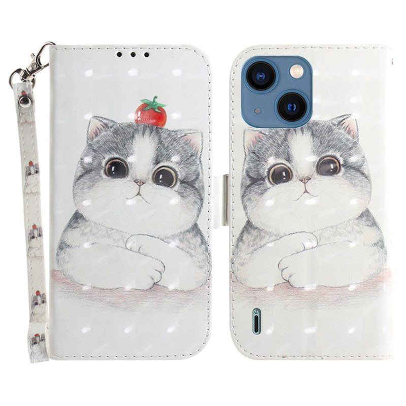 Folio Cover iPhone 15 Plus Gatto Grafico Con Cordino