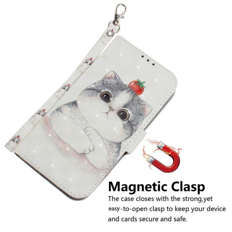 Folio Cover iPhone 15 Plus Gatto Grafico Con Cordino