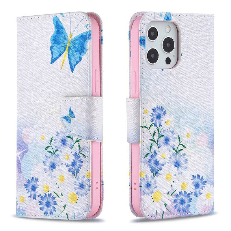 Custodia A Portafoglio iPhone 13 Pro Max Farfalle E Fiori Dipinti