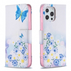 Custodia A Portafoglio iPhone 13 Pro Max Farfalle E Fiori Dipinti