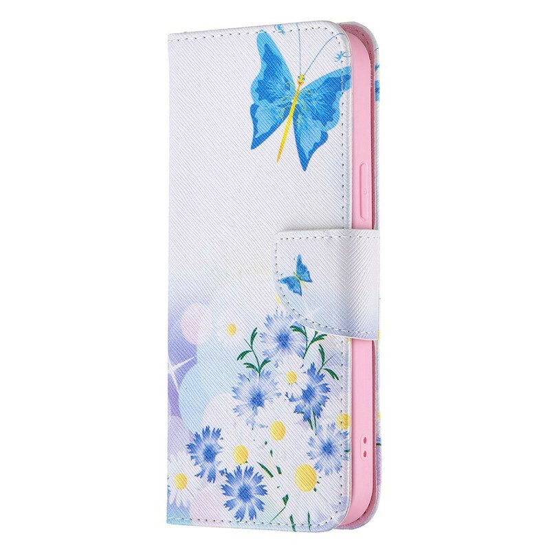 Custodia A Portafoglio iPhone 13 Pro Max Farfalle E Fiori Dipinti