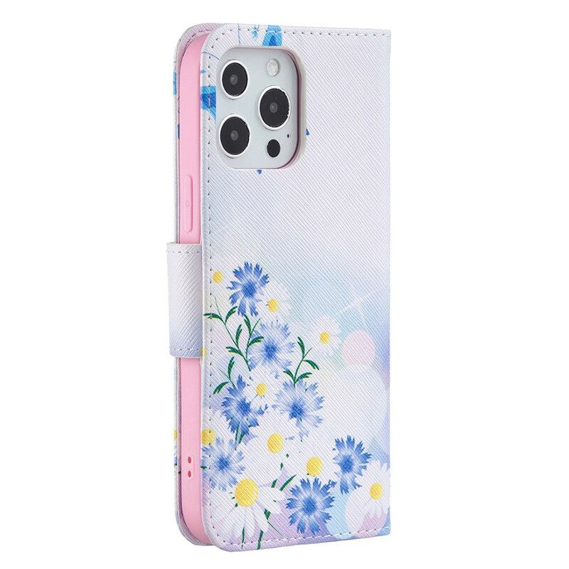 Custodia A Portafoglio iPhone 13 Pro Max Farfalle E Fiori Dipinti