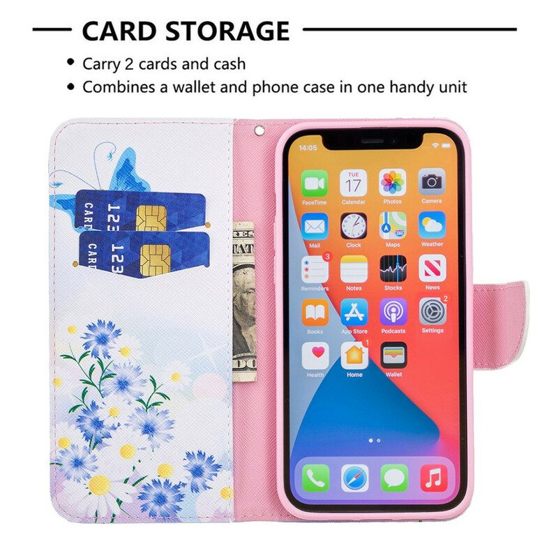 Custodia A Portafoglio iPhone 13 Pro Max Farfalle E Fiori Dipinti