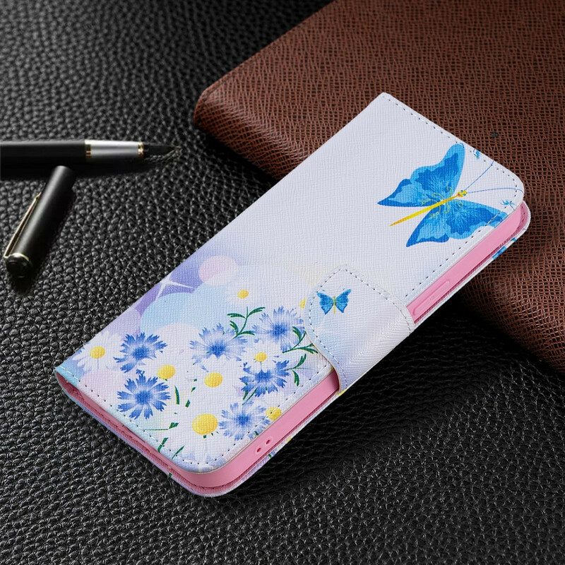 Custodia A Portafoglio iPhone 13 Pro Max Farfalle E Fiori Dipinti