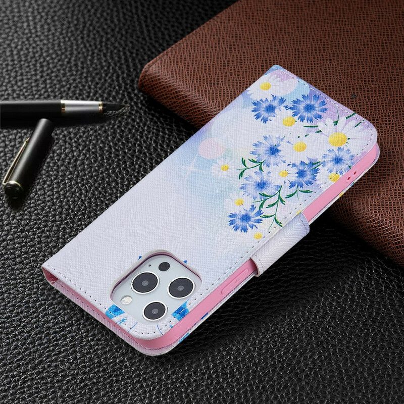 Custodia A Portafoglio iPhone 13 Pro Max Farfalle E Fiori Dipinti