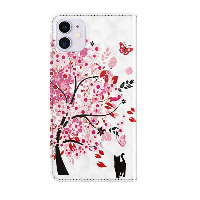 Custodia in pelle iPhone 13 Pro Max Albero Rosa E Gatto Nero