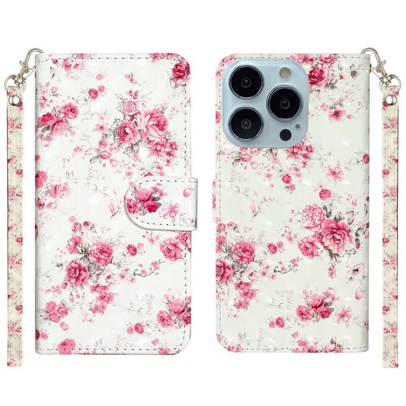 Custodia in pelle iPhone 13 Pro Max Cinturino Punto Luce Fiori