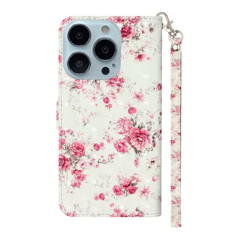 Custodia in pelle iPhone 13 Pro Max Cinturino Punto Luce Fiori