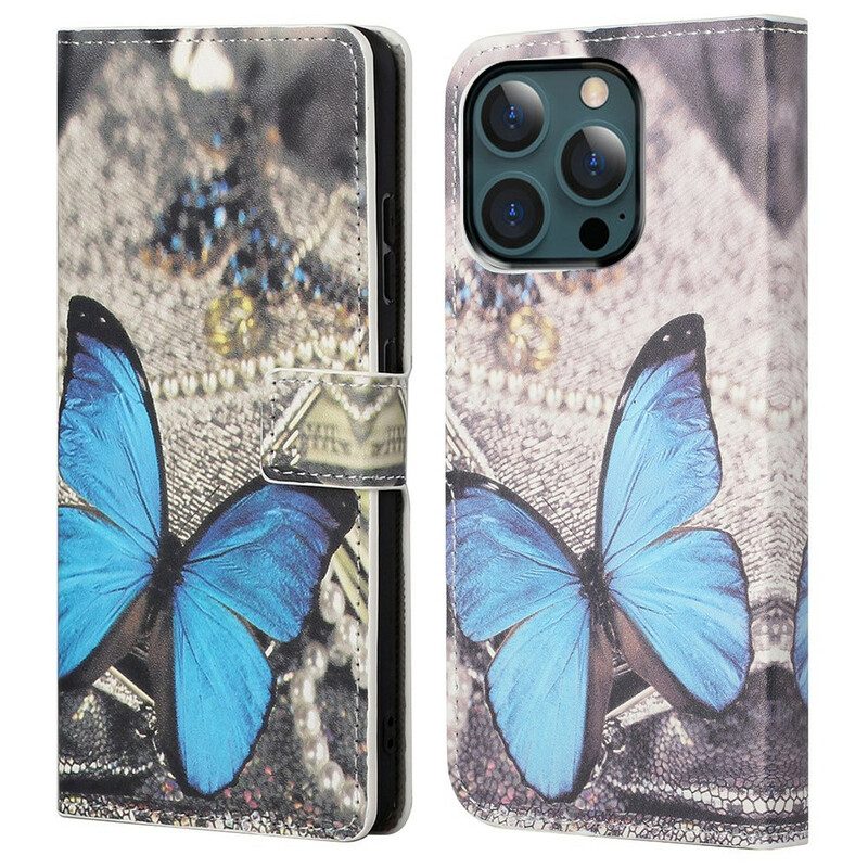 Custodia in pelle iPhone 13 Pro Max Farfalla Blu