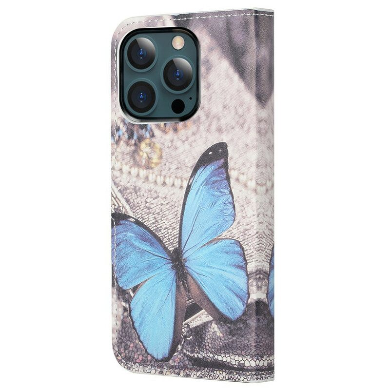 Custodia in pelle iPhone 13 Pro Max Farfalla Blu