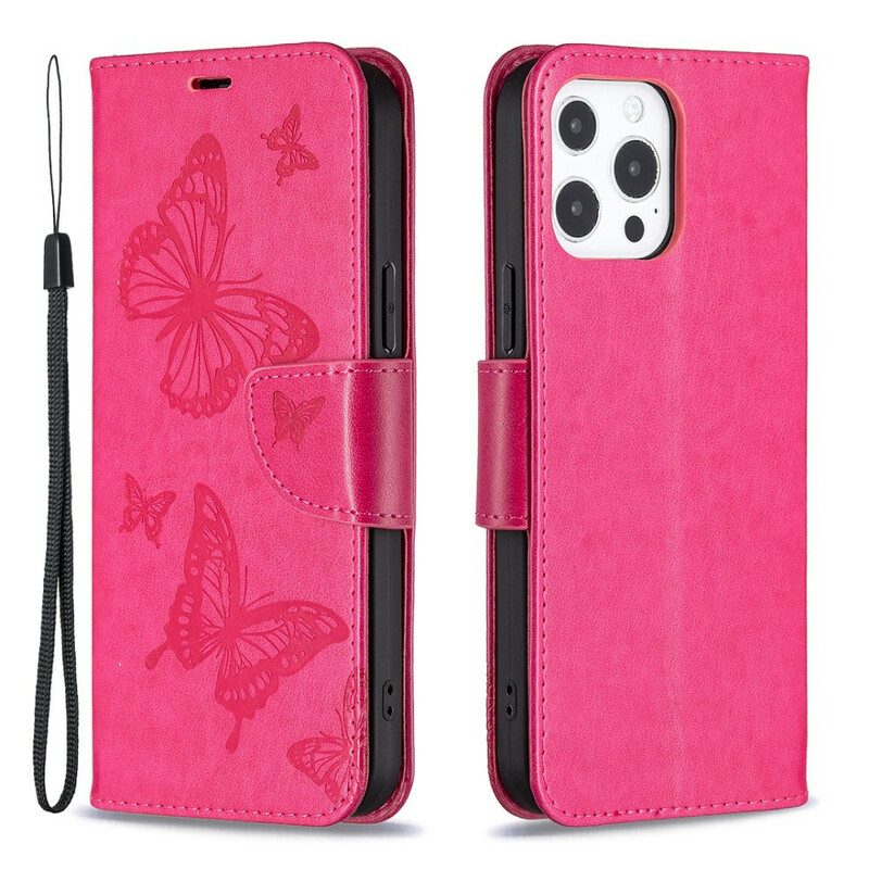 Custodia in pelle iPhone 13 Pro Max Folio Cover Farfalle E Lembo Obliquo