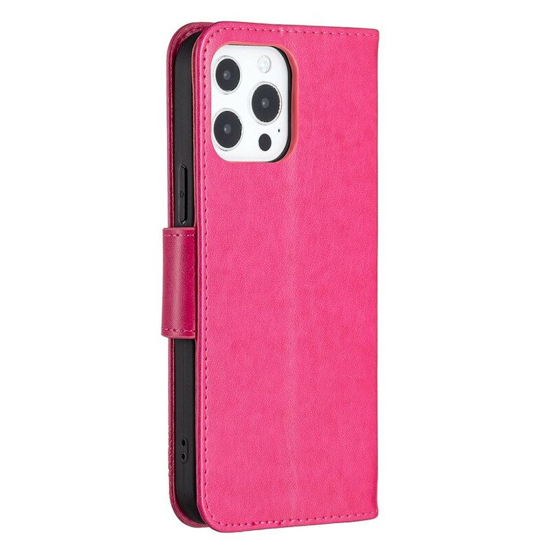 Custodia in pelle iPhone 13 Pro Max Folio Cover Farfalle E Lembo Obliquo