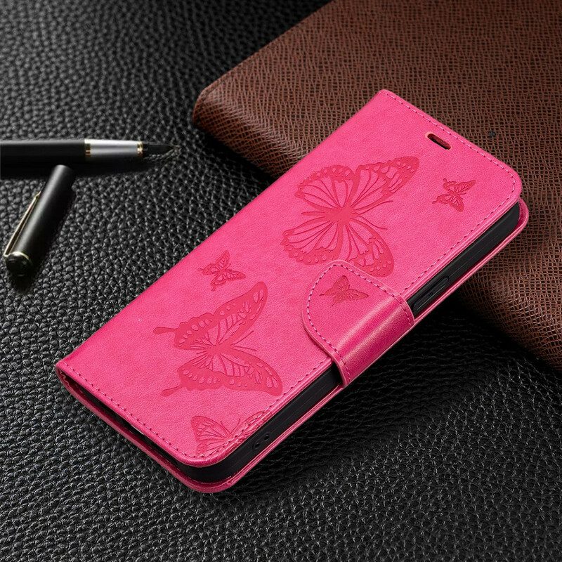 Custodia in pelle iPhone 13 Pro Max Folio Cover Farfalle E Lembo Obliquo