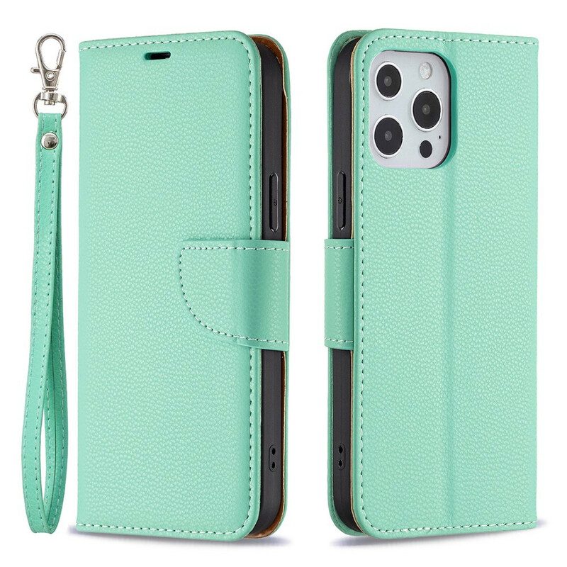 Custodia in pelle iPhone 13 Pro Max Strappy Effetto Pelle Color Litchi