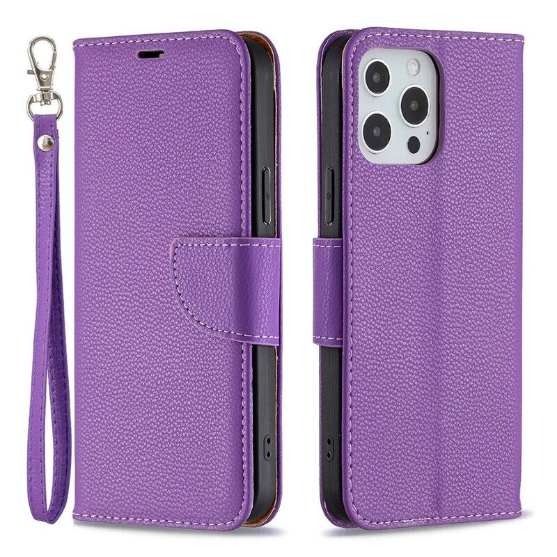 Custodia in pelle iPhone 13 Pro Max Strappy Effetto Pelle Color Litchi