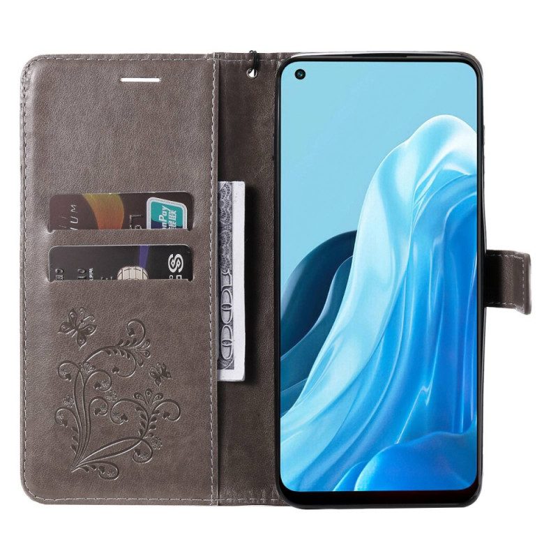 Custodia in pelle Oppo Find X5 Lite Farfalle Con Cinturino Gigante