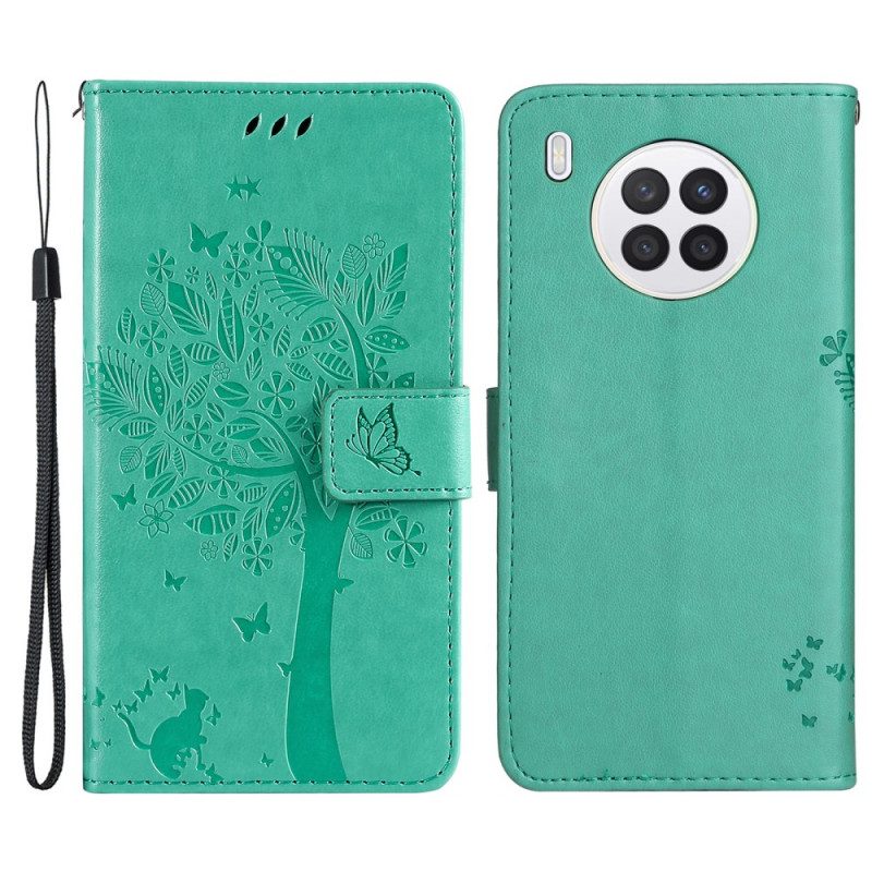 Custodia in pelle Huawei Nova 8i Albero E Gatto Strappy