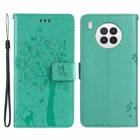 Custodia in pelle Huawei Nova 8i Albero E Gatto Strappy