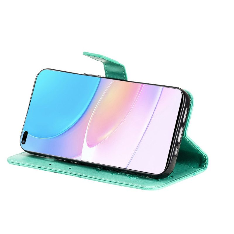 Custodia in pelle Huawei Nova 8i Farfalle Con Cinturino Gigante