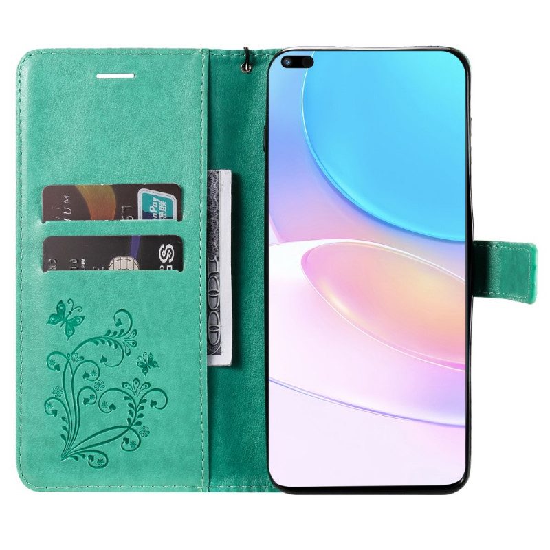 Custodia in pelle Huawei Nova 8i Farfalle Con Cinturino Gigante