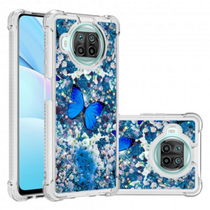 Cover Xiaomi Redmi Note 9 Pro 5G Farfalle Blu Glitterate