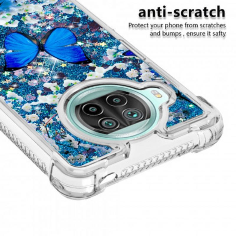 Cover Xiaomi Redmi Note 9 Pro 5G Farfalle Blu Glitterate