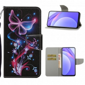 Custodia in pelle Xiaomi Redmi Note 9 Pro 5G Farfalle E Cordino