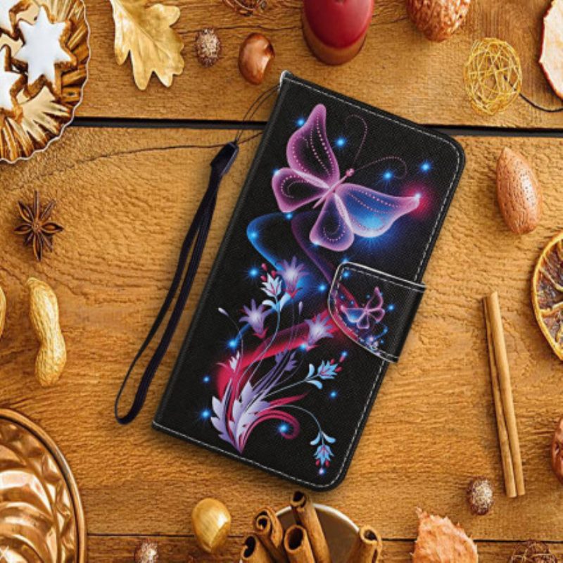 Custodia in pelle Xiaomi Redmi Note 9 Pro 5G Farfalle E Cordino