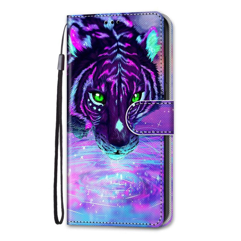 Custodia in pelle Xiaomi Redmi Note 9 Pro 5G Felino Con Cordino