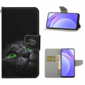 Custodia in pelle Xiaomi Redmi Note 9 Pro 5G Gatto Dagli Occhi Verdi Con Cordino