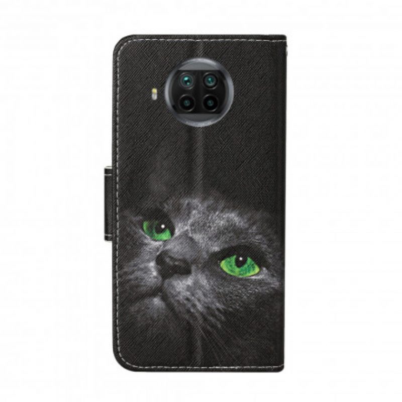 Custodia in pelle Xiaomi Redmi Note 9 Pro 5G Gatto Dagli Occhi Verdi Con Cordino