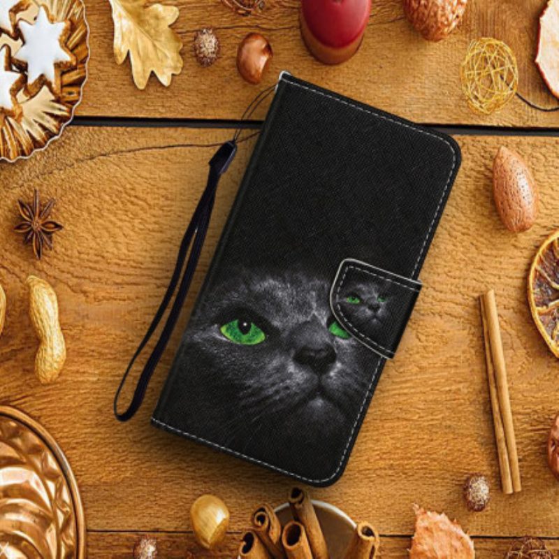 Custodia in pelle Xiaomi Redmi Note 9 Pro 5G Gatto Dagli Occhi Verdi Con Cordino