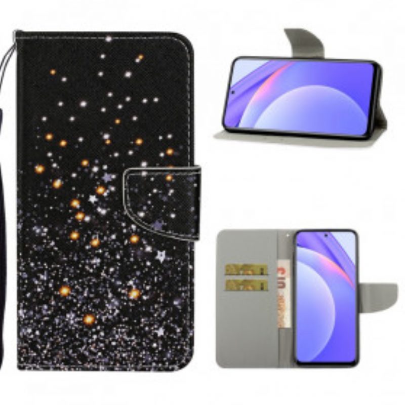 Custodia in pelle Xiaomi Redmi Note 9 Pro 5G Stelle E Paillettes Con Cordino