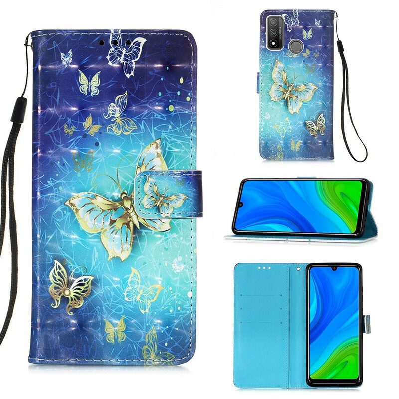 Custodia in pelle Huawei P Smart 2020 Farfalle Dorate Con Cinturino