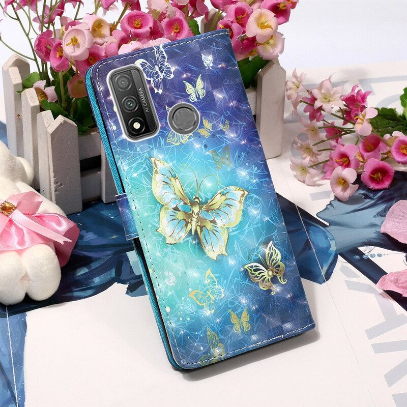 Custodia in pelle Huawei P Smart 2020 Farfalle Dorate Con Cinturino