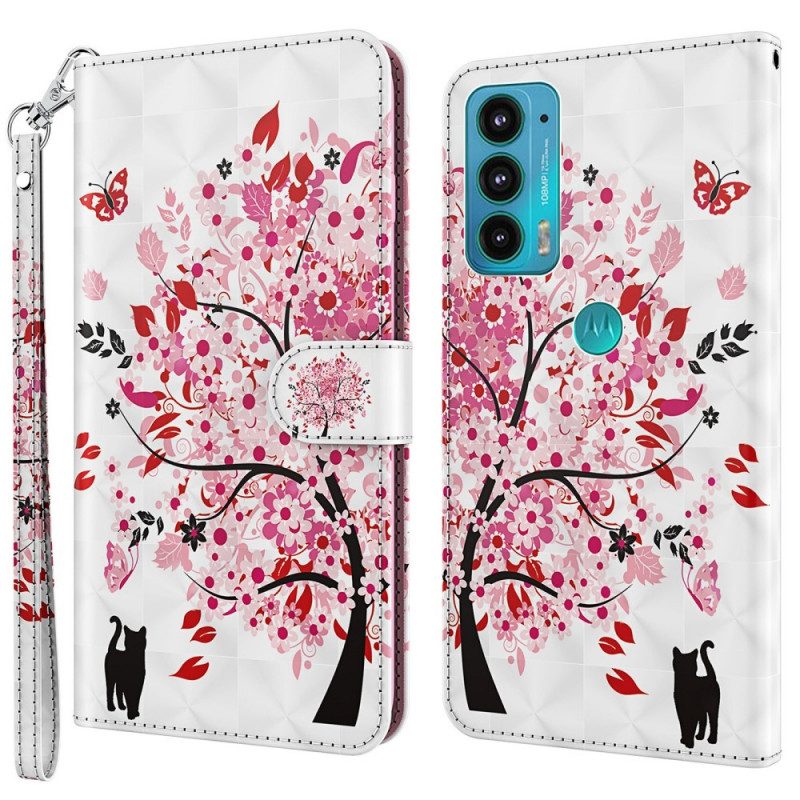 Custodia in pelle Moto E40 / E30 / E20 Albero Rosa E Gatto Nero