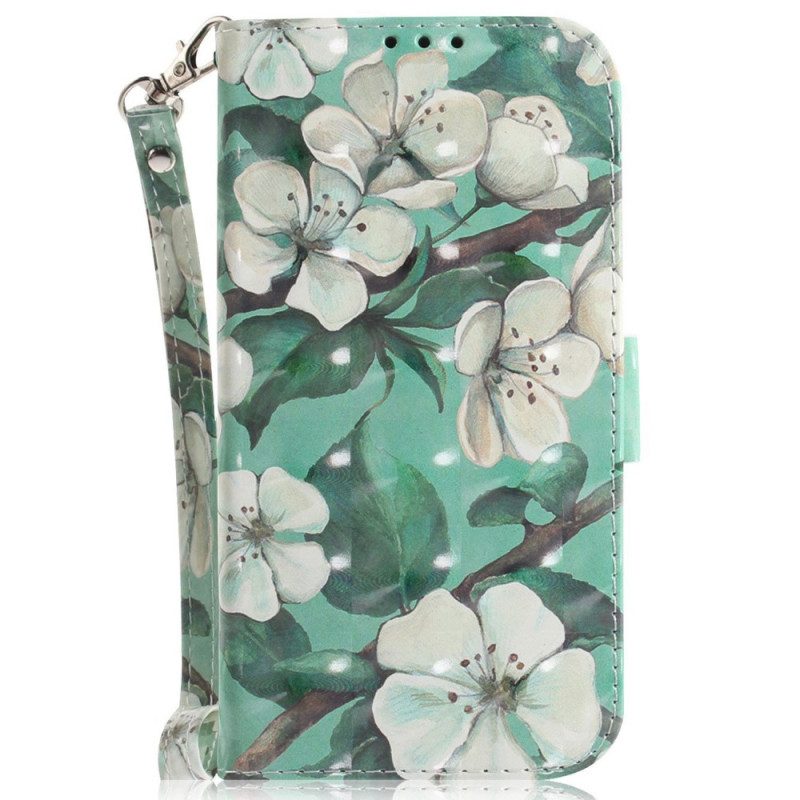 Custodia in pelle Xiaomi Redmi 10A Fiori Bianchi Strappy