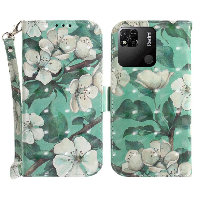 Custodia in pelle Xiaomi Redmi 10A Fiori Bianchi Strappy