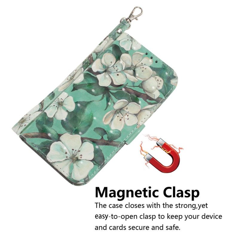 Custodia in pelle Xiaomi Redmi 10A Fiori Bianchi Strappy