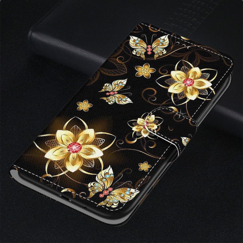 Custodia in pelle Xiaomi Redmi 10A Fiori Cinturino In Oro